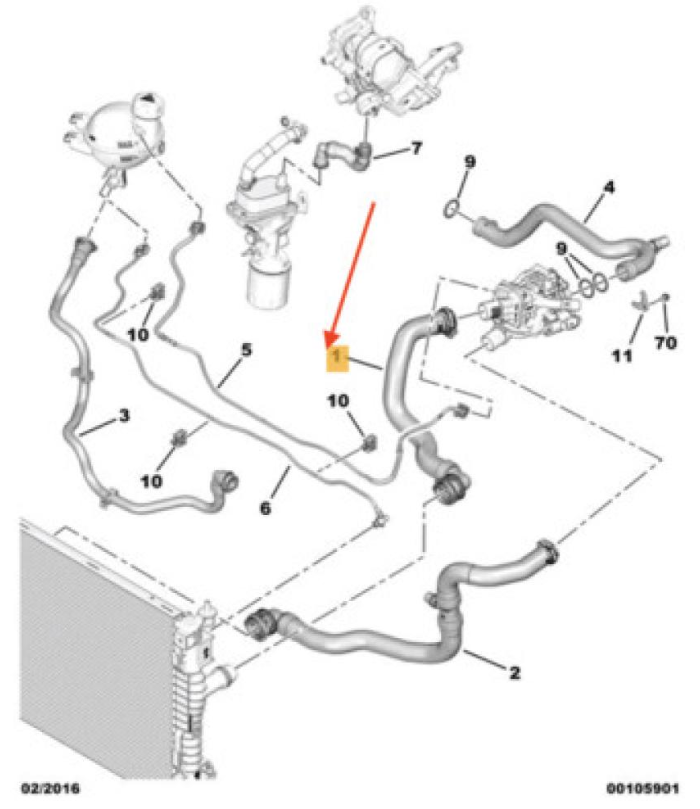 Expert+Scudo upper radiator hose, mounted with the valve above the original factory part
